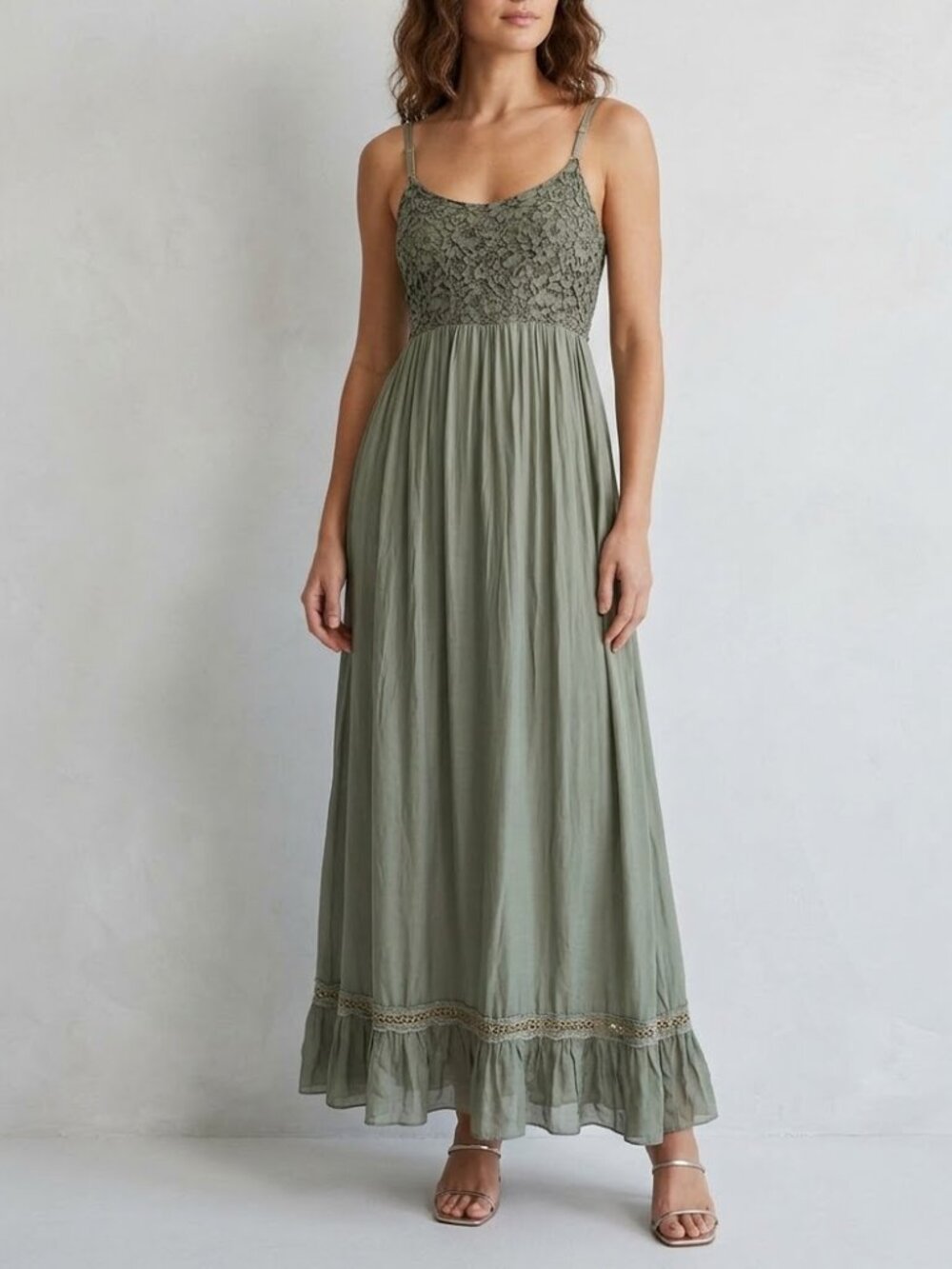Belle France Italy Silk Blend Lace Olive Green Maxi Dress Smocked IT L/US 4 Boho